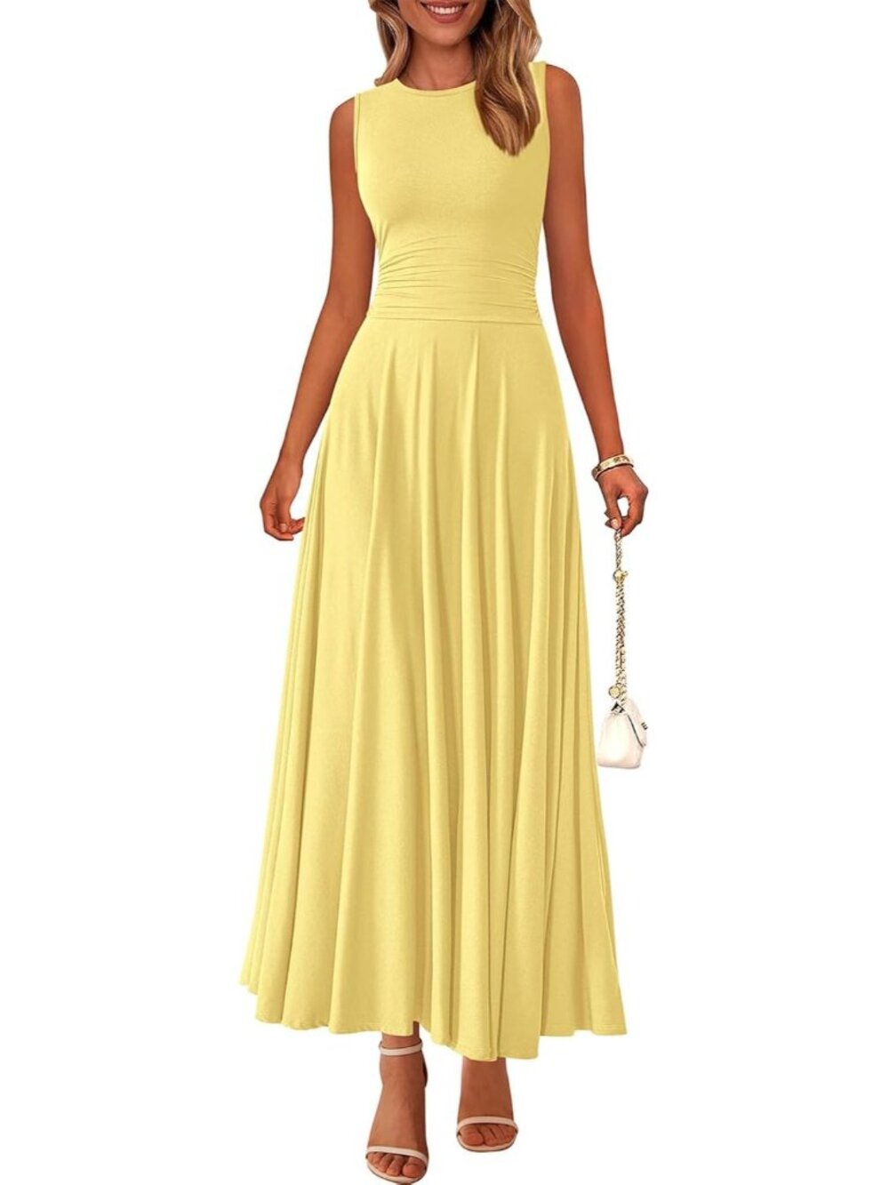 Women's Yellow Crewneck High Waisted Casual Sleeveless 2026 Aline Maxi Dresses